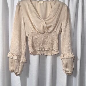 Altar'd State Cream Smocked-Waist V-Neck Blouse with Ruffle Cuffs